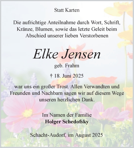 Traueranzeige von Elke Jensen von Schleswig-Holsteinische Landeszeitung