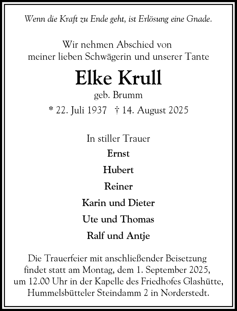  Traueranzeige für Elke Krull vom 23.08.2025 aus Heimatspiegel