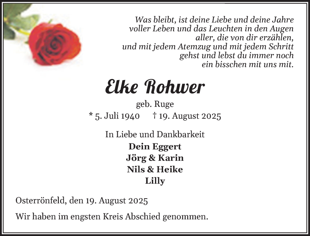  Traueranzeige für Elke Rohwer vom 23.08.2025 aus Schleswig-Holsteinische Landeszeitung