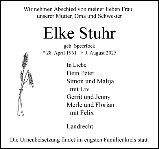 Traueranzeige von Elke Stuhr von Norddeutsche Rundschau, Wilstersche Zeitung, Glückstädter Fortuna