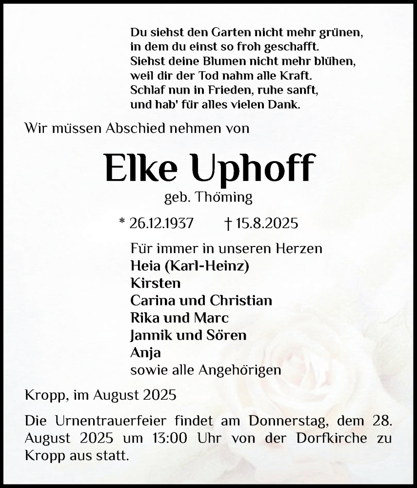  Traueranzeige für Elke Uphoff vom 23.08.2025 aus Schleswig-Holsteinische Landeszeitung