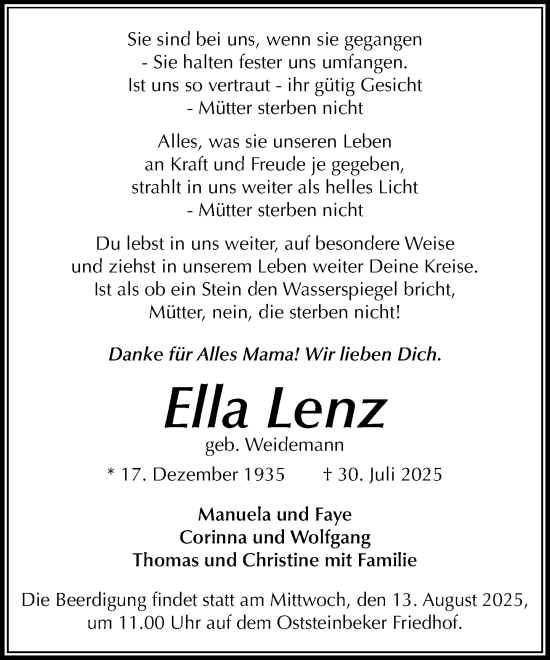 Traueranzeige von Ella Lenz von MARKT Glinde/Reinbek