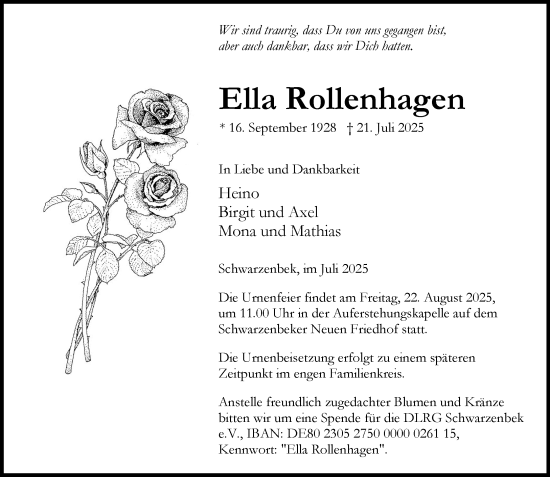 Traueranzeige von Ella Rollenhagen von Wochenend Anzeiger