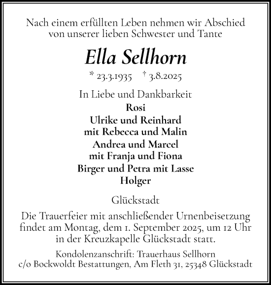 Traueranzeige von Ella Sellhorn von Norddeutsche Rundschau, Wilstersche Zeitung, Glückstädter Fortuna