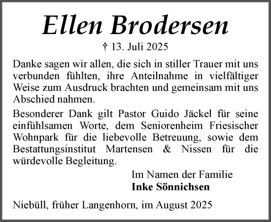 Traueranzeige von Ellen Brodersen von Husumer Nachrichten, Nordfriesland Tageblatt