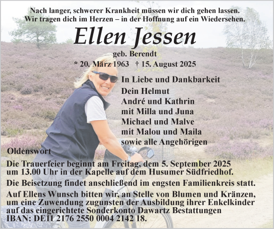 Traueranzeige von Ellen Jessen von Husumer Nachrichten, Nordfriesland Tageblatt