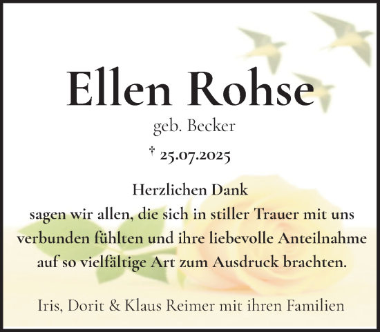 Traueranzeige von Ellen Rohse von Norddeutsche Rundschau, Wilstersche Zeitung, Glückstädter Fortuna