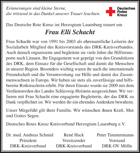 Traueranzeige von Elli Schacht von MARKT Ratzeburg/Mölln