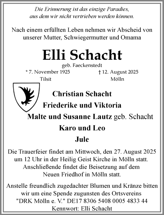 Traueranzeige von Elli Schacht von MARKT Ratzeburg/Mölln