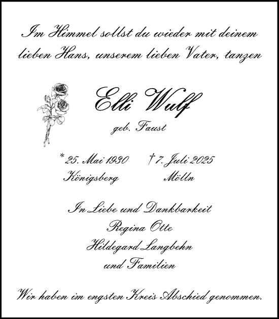Traueranzeige von Elli Wulf von MARKT Ratzeburg/Mölln