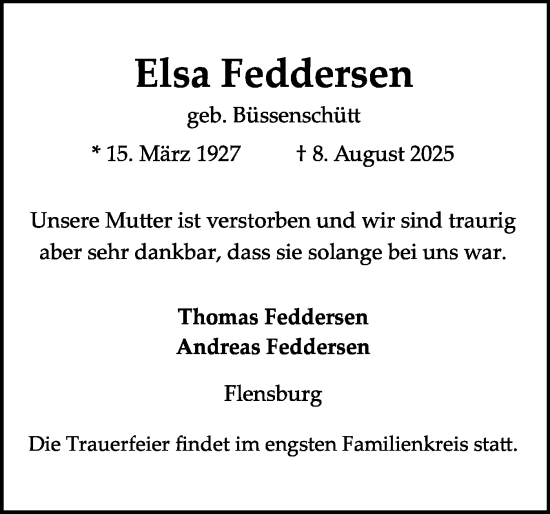 Traueranzeige von Elsa Feddersen von Flensburger Tageblatt