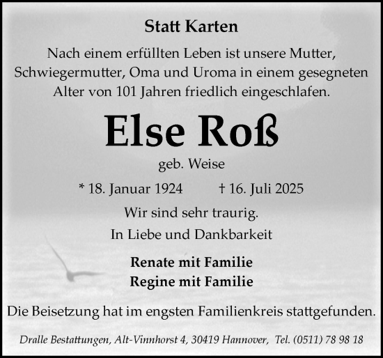 Traueranzeige von Else Roß von Die WochenSchau Gesamtausgabe