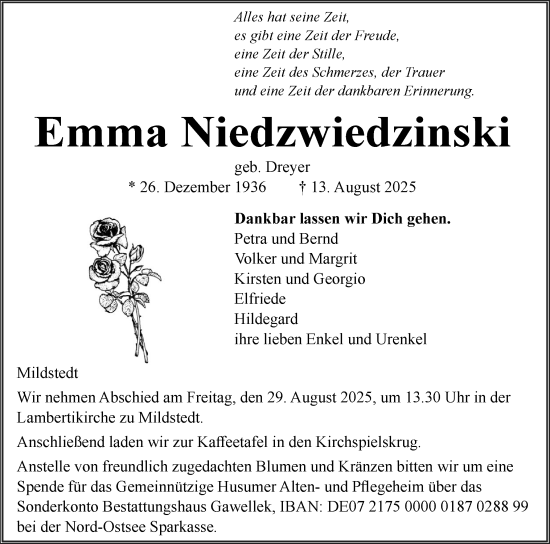 Traueranzeige von Emma Niedzwiedzinski von Husumer Nachrichten, Nordfriesland Tageblatt