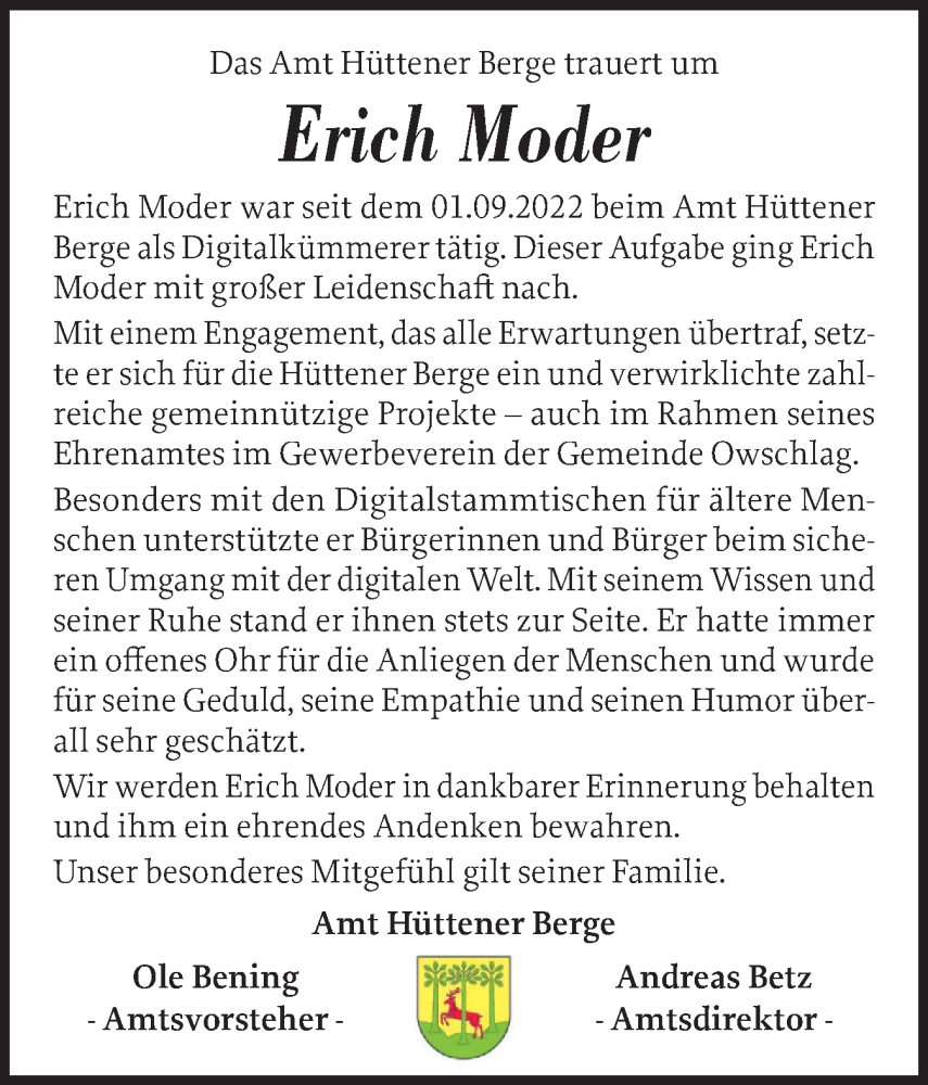  Traueranzeige für Erich Moder vom 30.08.2025 aus Schleswig-Holsteinische Landeszeitung