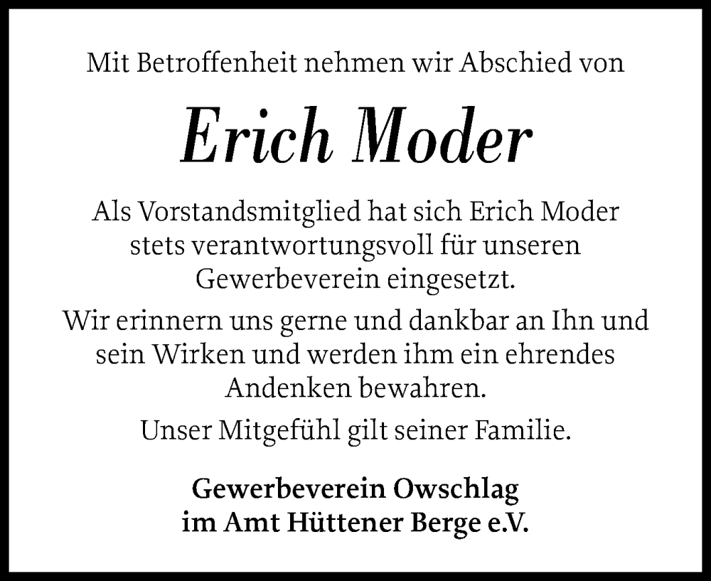  Traueranzeige für Erich Moder vom 30.08.2025 aus Schleswig-Holsteinische Landeszeitung