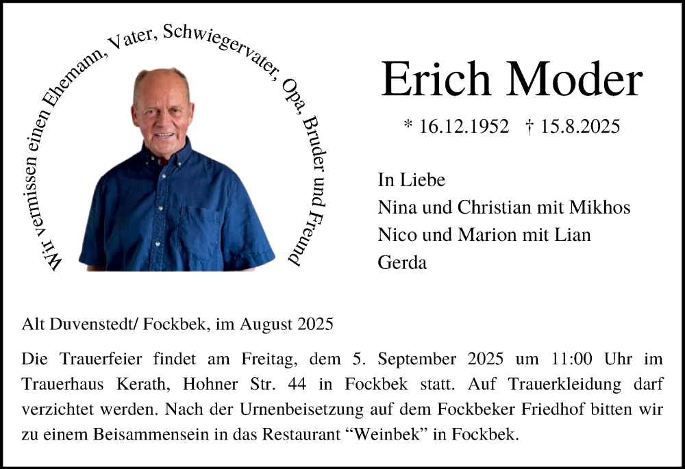  Traueranzeige für Erich Moder vom 30.08.2025 aus Schleswig-Holsteinische Landeszeitung
