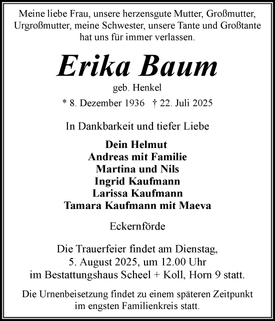 Traueranzeige von Erika Baum von Eckernförder Zeitung, Hallo Eckernförde