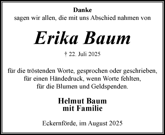 Traueranzeige von Erika Baum von Eckernförder Zeitung, Hallo Eckernförde