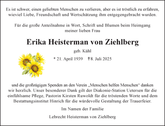 Traueranzeige von Erika Heisterman von Ziehlberg von Uetersener Nachrichten, Der tip am Wochenende