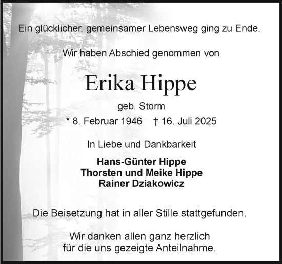 Traueranzeige von Erika Hippe von Holsteinischer Courier