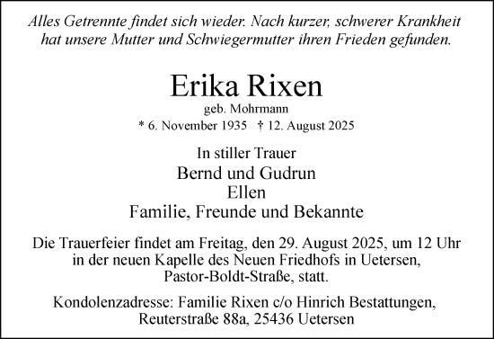 Traueranzeige von Erika Rixen von Uetersener Nachrichten, Der tip am Wochenende