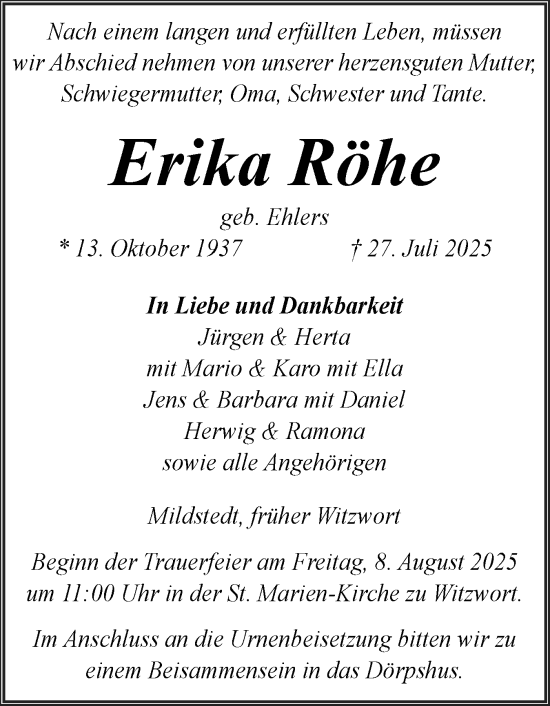Traueranzeige von Erika Röhe von Husumer Nachrichten, Nordfriesland Tageblatt