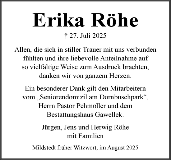 Traueranzeige von Erika Röhe von Husumer Nachrichten, Nordfriesland Tageblatt
