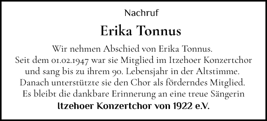 Traueranzeige von Erika Tonnus von Norddeutsche Rundschau, Wilstersche Zeitung, Glückstädter Fortuna