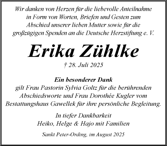 Traueranzeige von Erika Zühlke von Husumer Nachrichten, Nordfriesland Tageblatt