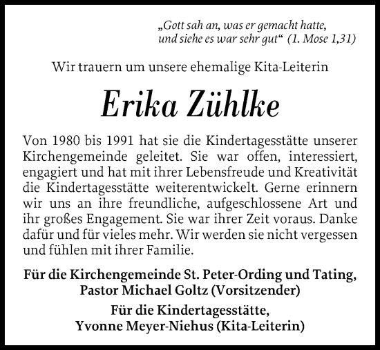 Traueranzeige von Erika Zühlke von Husumer Nachrichten, Nordfriesland Tageblatt