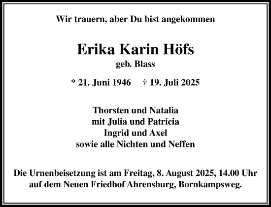 Traueranzeige von Erika Karin Höfs von MARKT Ahrensburg/Bargteheide/Trittau und Stormarner Tageblatt