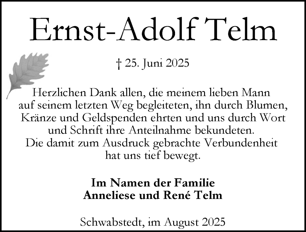  Traueranzeige für Ernst-Adolf Telm vom 09.08.2025 aus Husumer Nachrichten, Nordfriesland Tageblatt