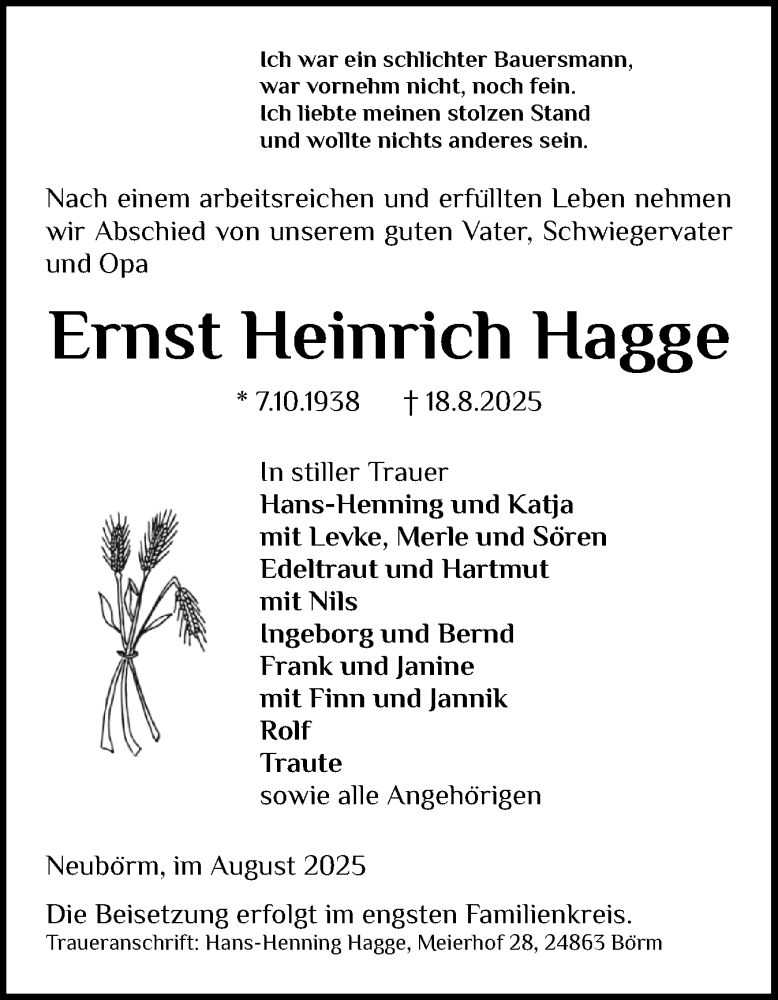  Traueranzeige für Ernst Heinrich Hagge vom 27.08.2025 aus Schleswiger Nachrichten, Schlei-Bote