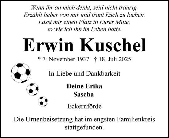 Traueranzeige von Erwin Kuschel von Eckernförder Zeitung, Hallo Eckernförde