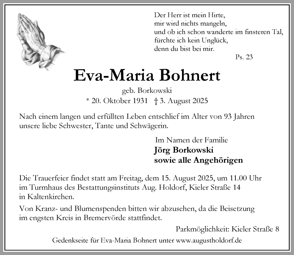  Traueranzeige für Eva-Maria Bohnert vom 09.08.2025 aus Umschau