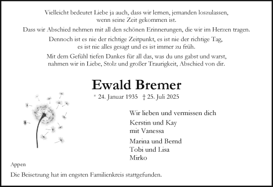 Traueranzeige von Ewald Bremer von Region Pinneberg und tip Pinneberg