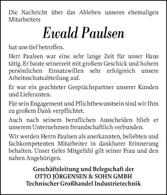 Traueranzeige von Ewald Paulsen von Husumer Nachrichten, Nordfriesland Tageblatt