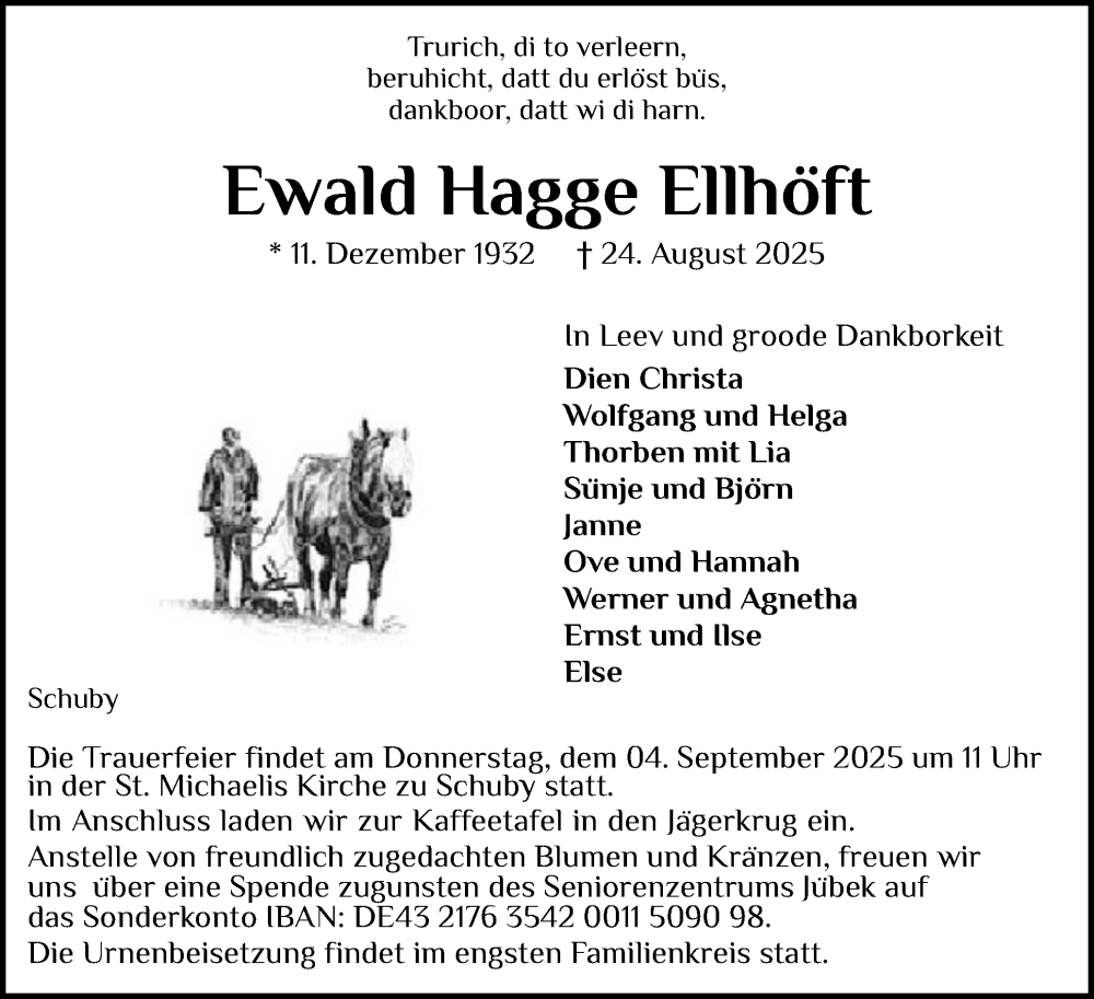  Traueranzeige für Ewald Hagge Ellhöft vom 30.08.2025 aus Schleswiger Nachrichten, Schlei-Bote