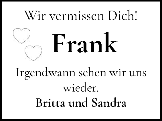 Traueranzeige von Frank  von Eckernförder Zeitung, Hallo Eckernförde