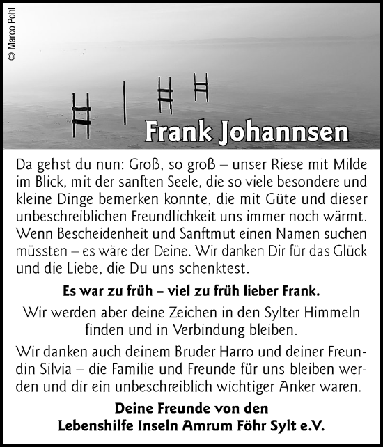 Traueranzeige von Frank Johannsen von Sylter Rundschau