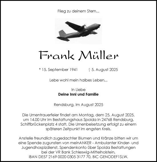 Traueranzeige von Frank Müller von Schleswig-Holsteinische Landeszeitung