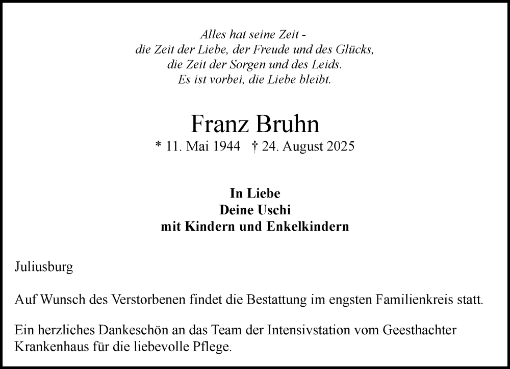  Traueranzeige für Franz Bruhn vom 30.08.2025 aus Wochenend Anzeiger