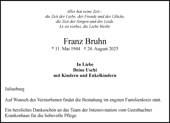Traueranzeige von Franz Bruhn von Wochenend Anzeiger