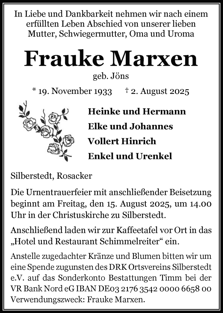  Traueranzeige für Frauke Marxen vom 09.08.2025 aus Region Flensburg