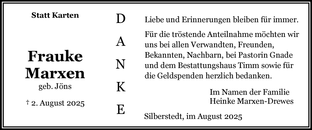  Traueranzeige für Frauke Marxen vom 30.08.2025 aus Region Flensburg