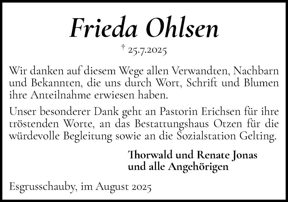  Traueranzeige für Frieda Ohlsen vom 30.08.2025 aus Flensburger Tageblatt