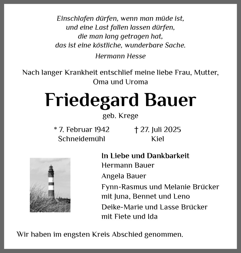  Traueranzeige für Friedegard Bauer vom 30.08.2025 aus Sylter Rundschau