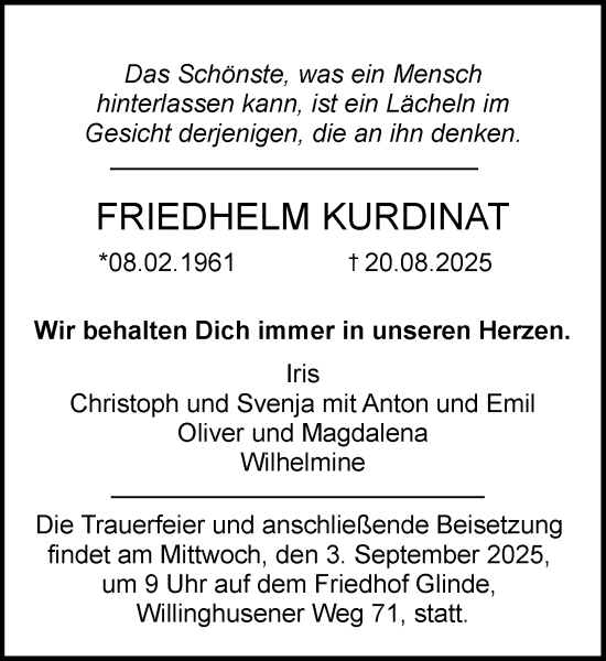 Traueranzeige von Friedhelm Kurdinat von MARKT Glinde/Reinbek