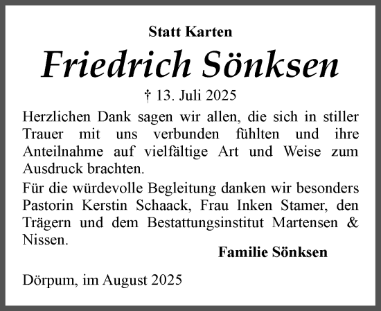 Traueranzeige von Friedrich Sönksen von Husumer Nachrichten, Nordfriesland Tageblatt