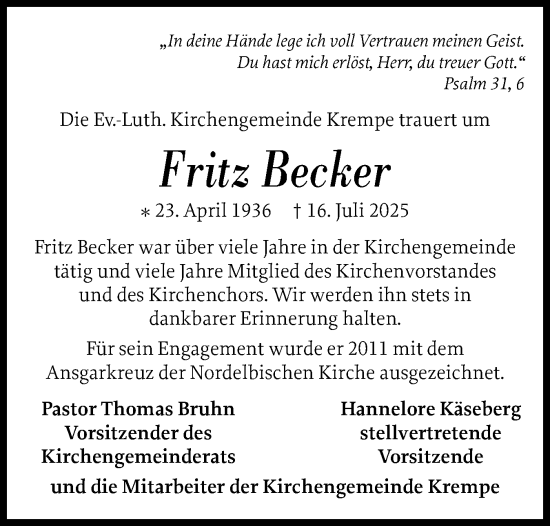 Traueranzeige von Fritz Becker von Norddeutsche Rundschau, Wilstersche Zeitung, Glückstädter Fortuna